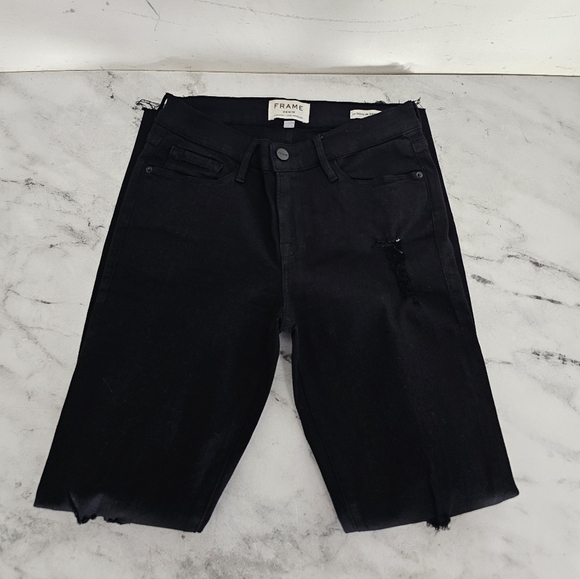 FRAME Denim High Rise De Skinny Jeanne Crop Black Distressed Jeans 28 Preowned - Picture 5 of 9